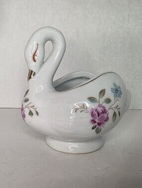 Vintage Ceramic Swan Trinket Dish White Porcelain Gold Trim Flowers